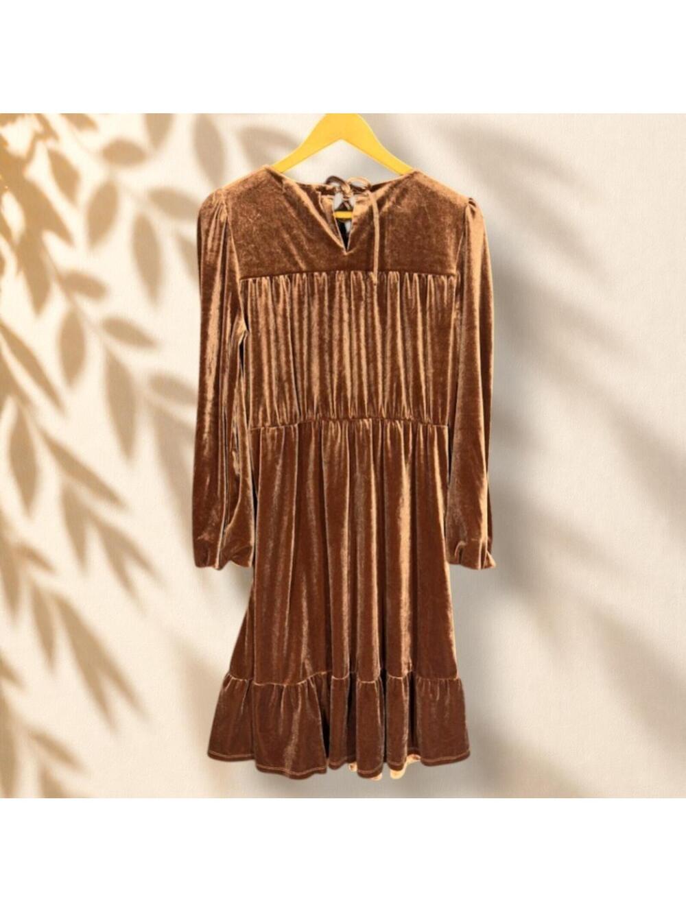 Downeast Dress Women L Large Brown Shift Midi Velvet Long Sleeve Tie Up Casual - Picture 2 of 7